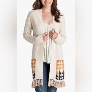 Roxy Near Future open Front Fringe cardigan with Aztec geometric pattern. Sz M